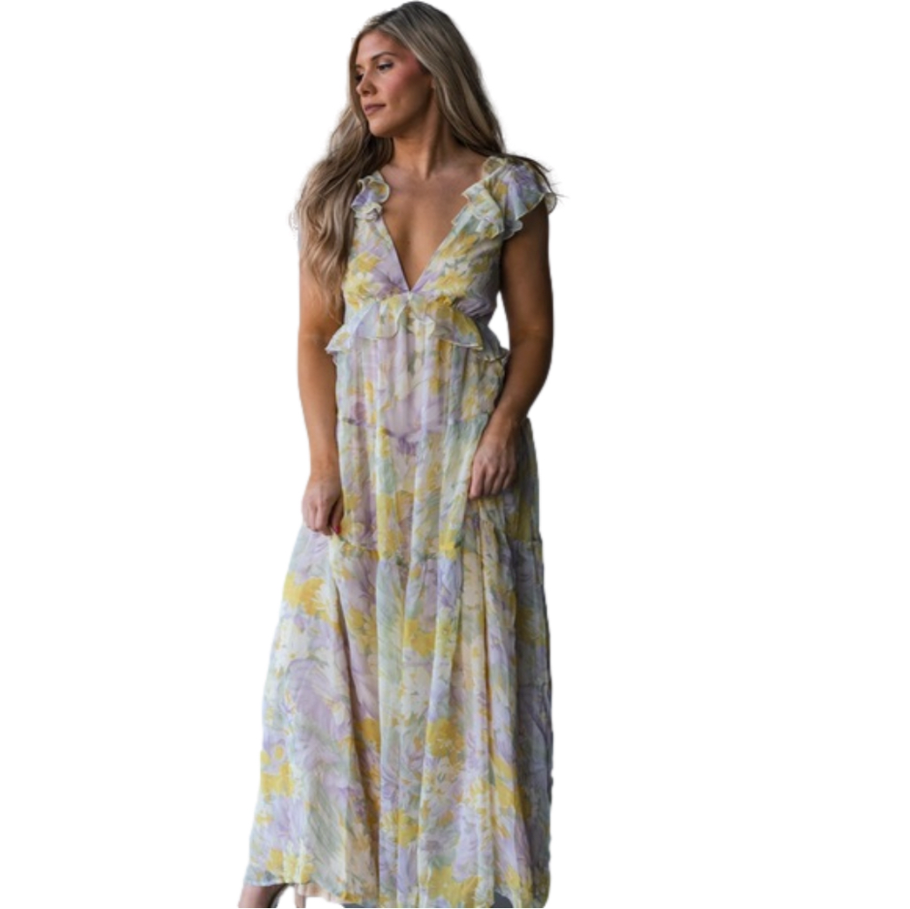 Garden floral yellow lavender maxi dress with tie back size Large wedding guest